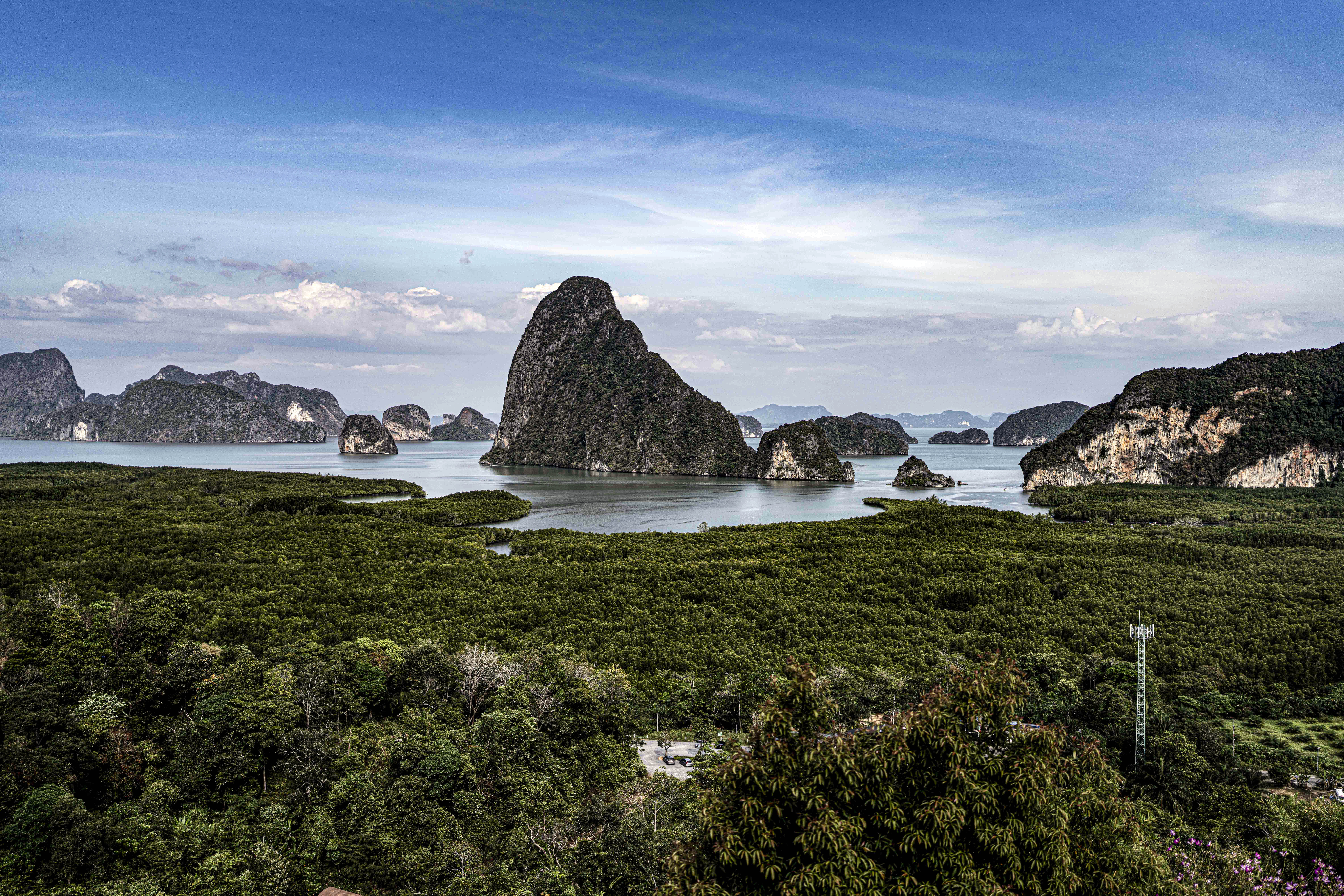 Samet Nangshe viewpoint over Phang Nga Bay — limestone karsts rising from mangrove forest, Southern Thailand